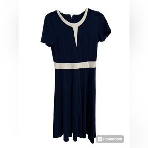 Navy blue with white stripe dress. Cotton. Size Medium. Great for causal work.